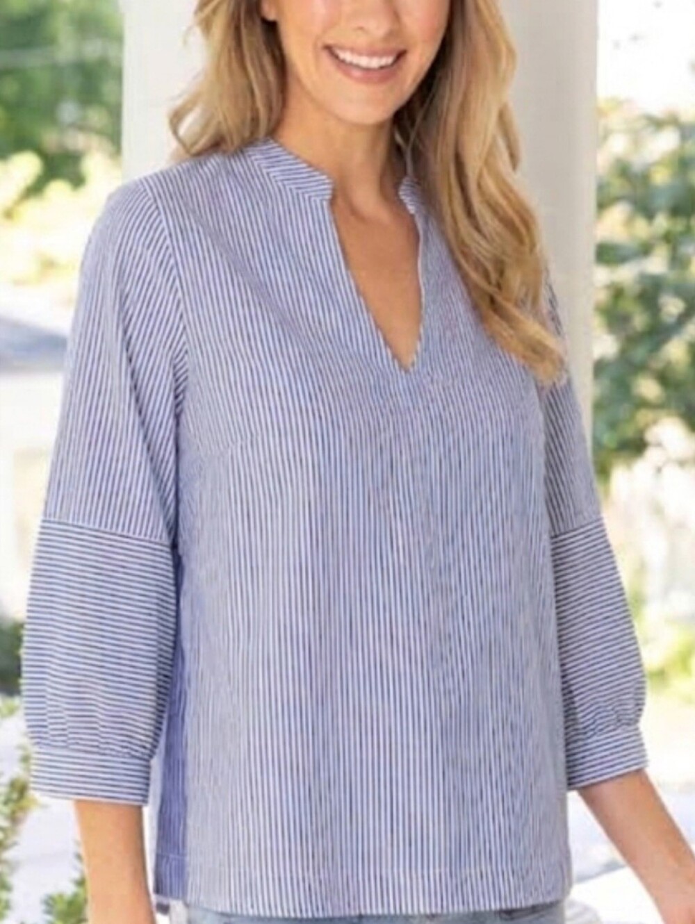 Terra SJ Apparel Blue Vertical Stripe Top Size XL Coastal Preppy
